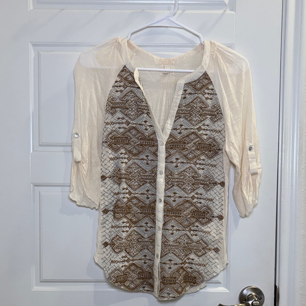 Anthro Tiny Embroidered Boho Blouse Silk Cotton Sheer Cream Brown Size XS